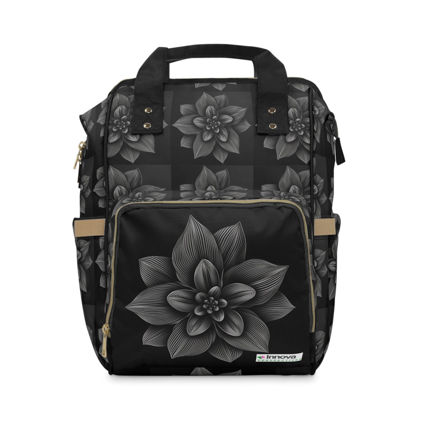 Multifunctional Diaper Backpack with a black and white Flower Design