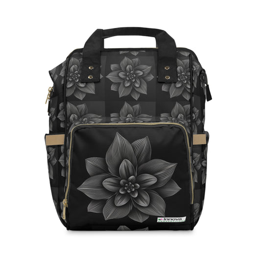 Sac à dos à couches multifonctionnel avec un motif de fleurs noir et blanc