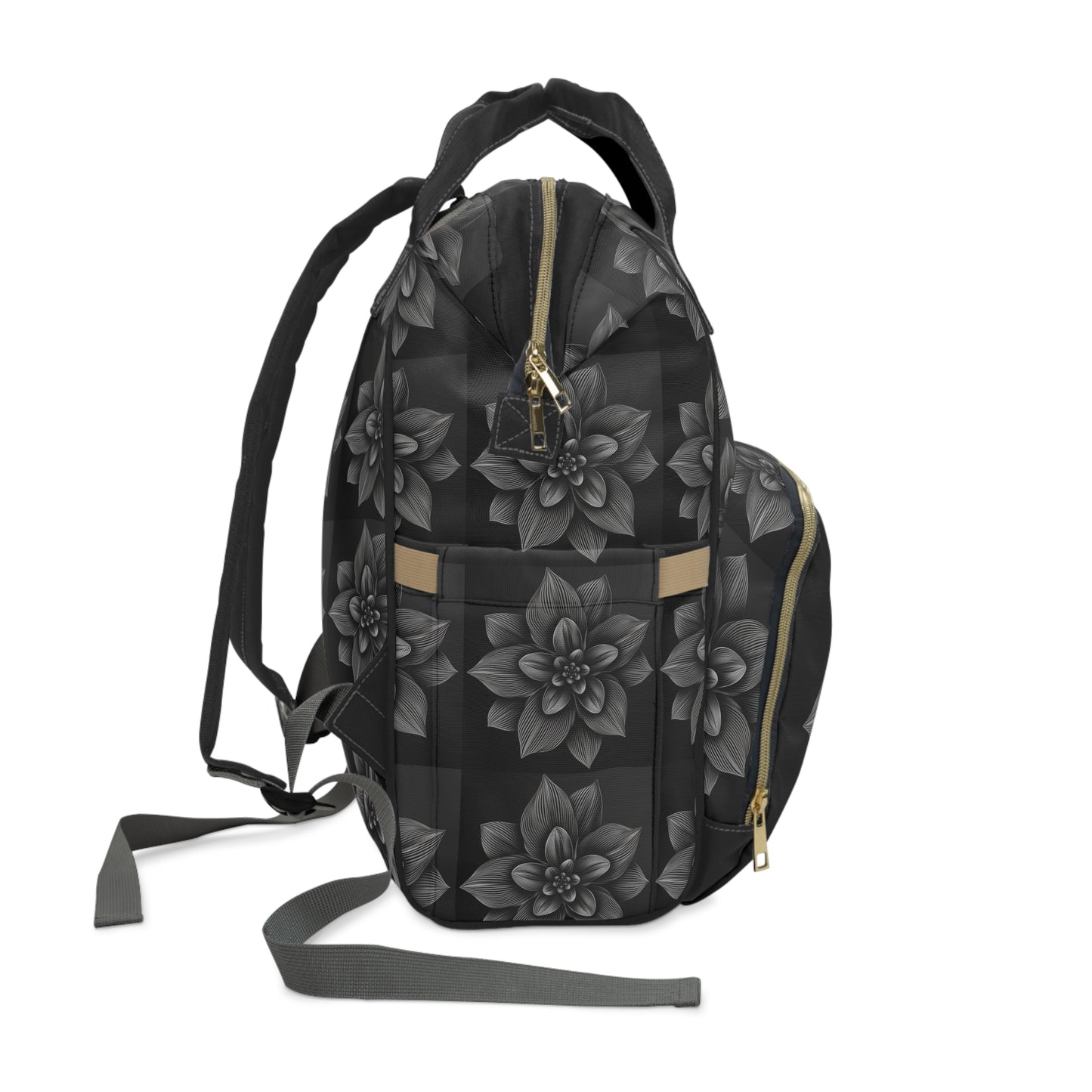 Multifunctional Diaper Backpack with a black and white Flower Design