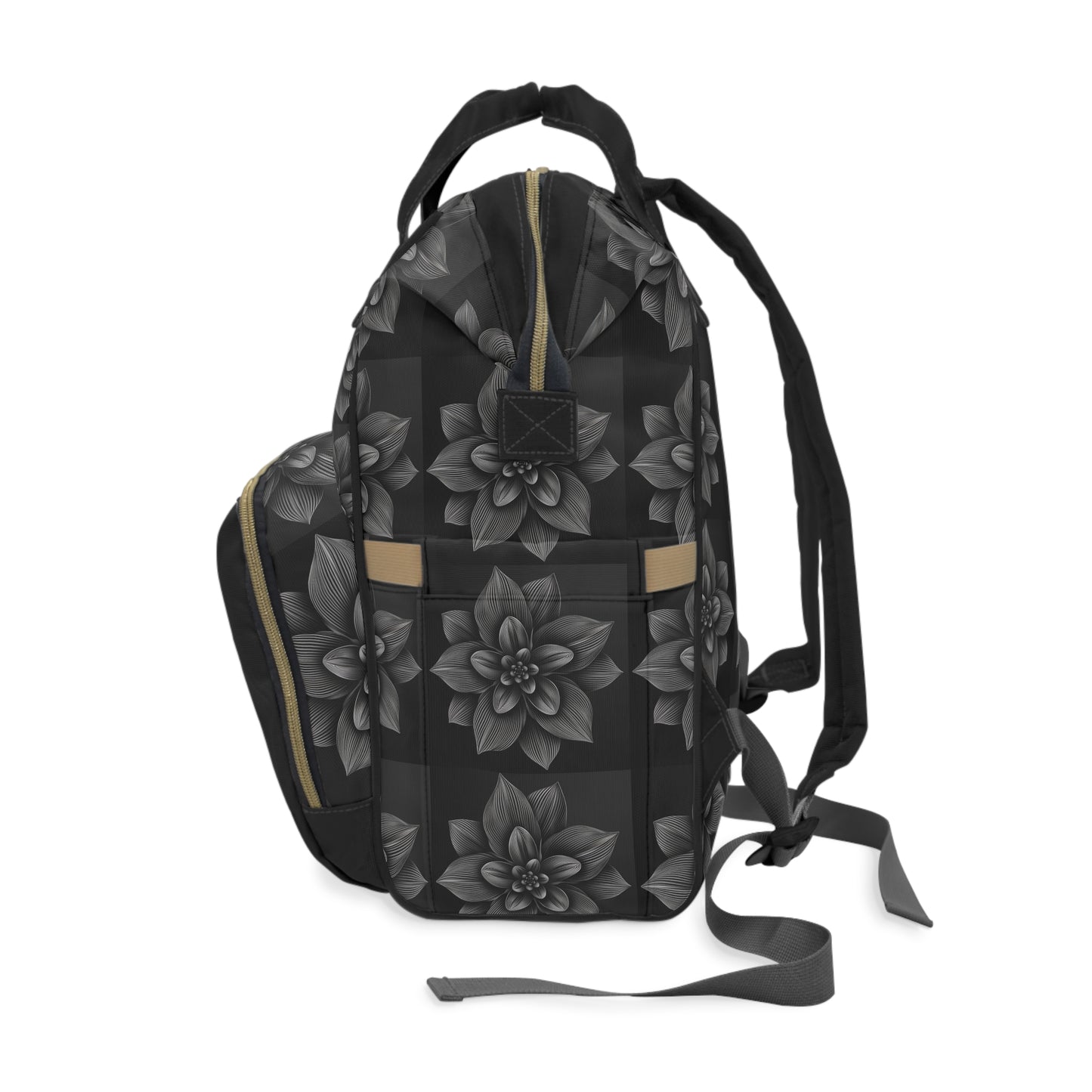 Multifunctional Diaper Backpack with a black and white Flower Design