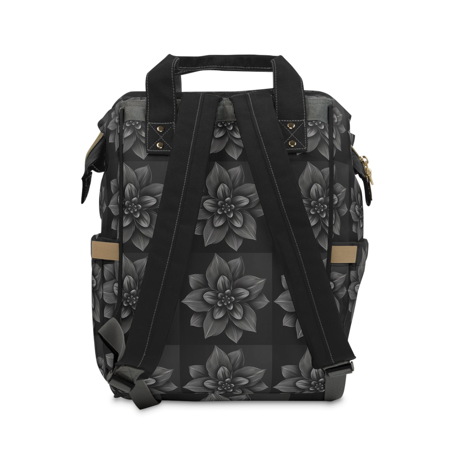 Multifunctional Diaper Backpack with a black and white Flower Design